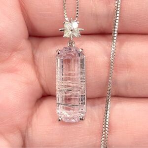 18K Rutilated Rose Quartz Diamond Necklace, White Gold, Floral, Pink Gem, Luxury